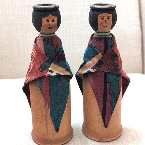 Handcrafted Solid Wood Native American Women Taper Candleholders Set of 2 - Picture 10 of 12